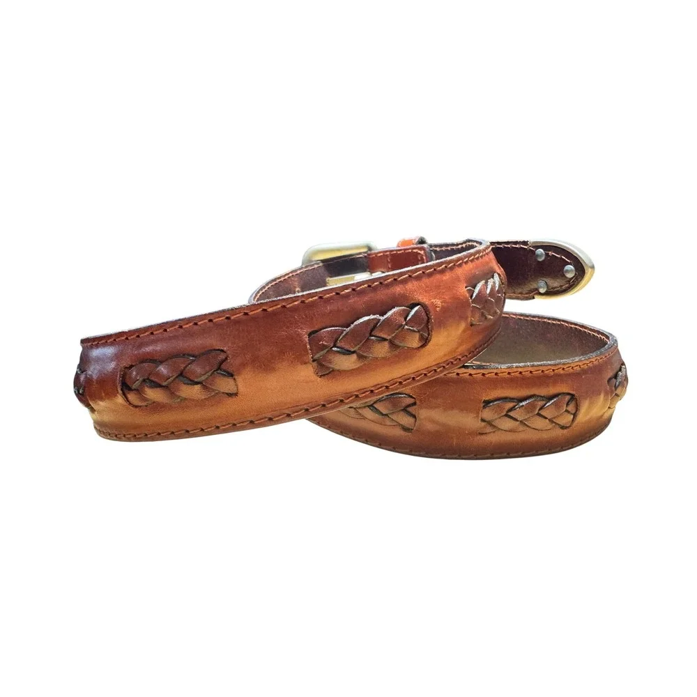 Mens Cognac Brown Full Grain Leather Braided Inlay Belt Florsheim Turkey 36 VTG
